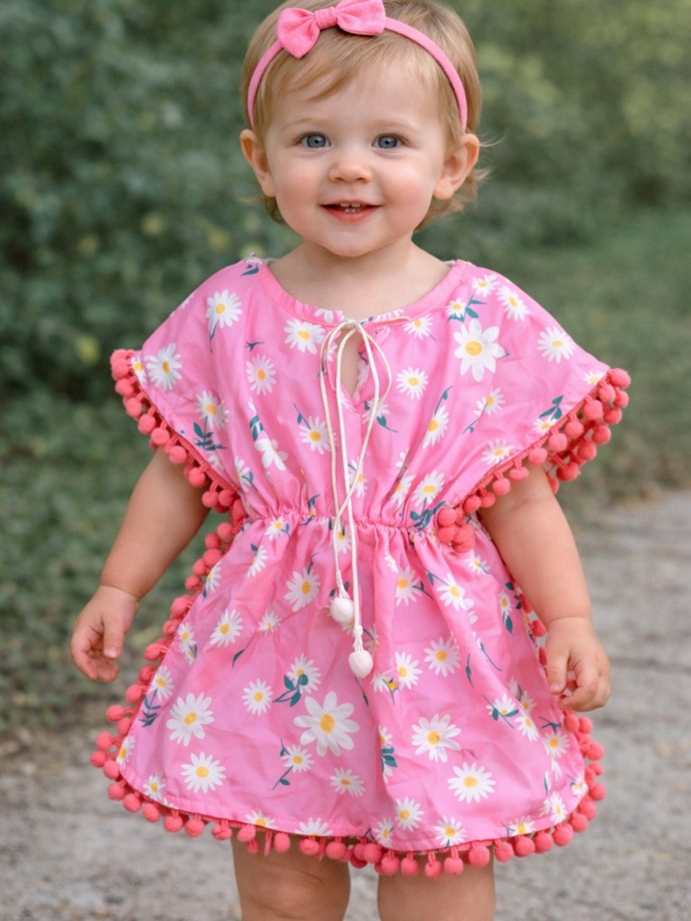 Pink Daisy Pom Pom Dress 18–24M Floral Summer Beach Cover Up Like New